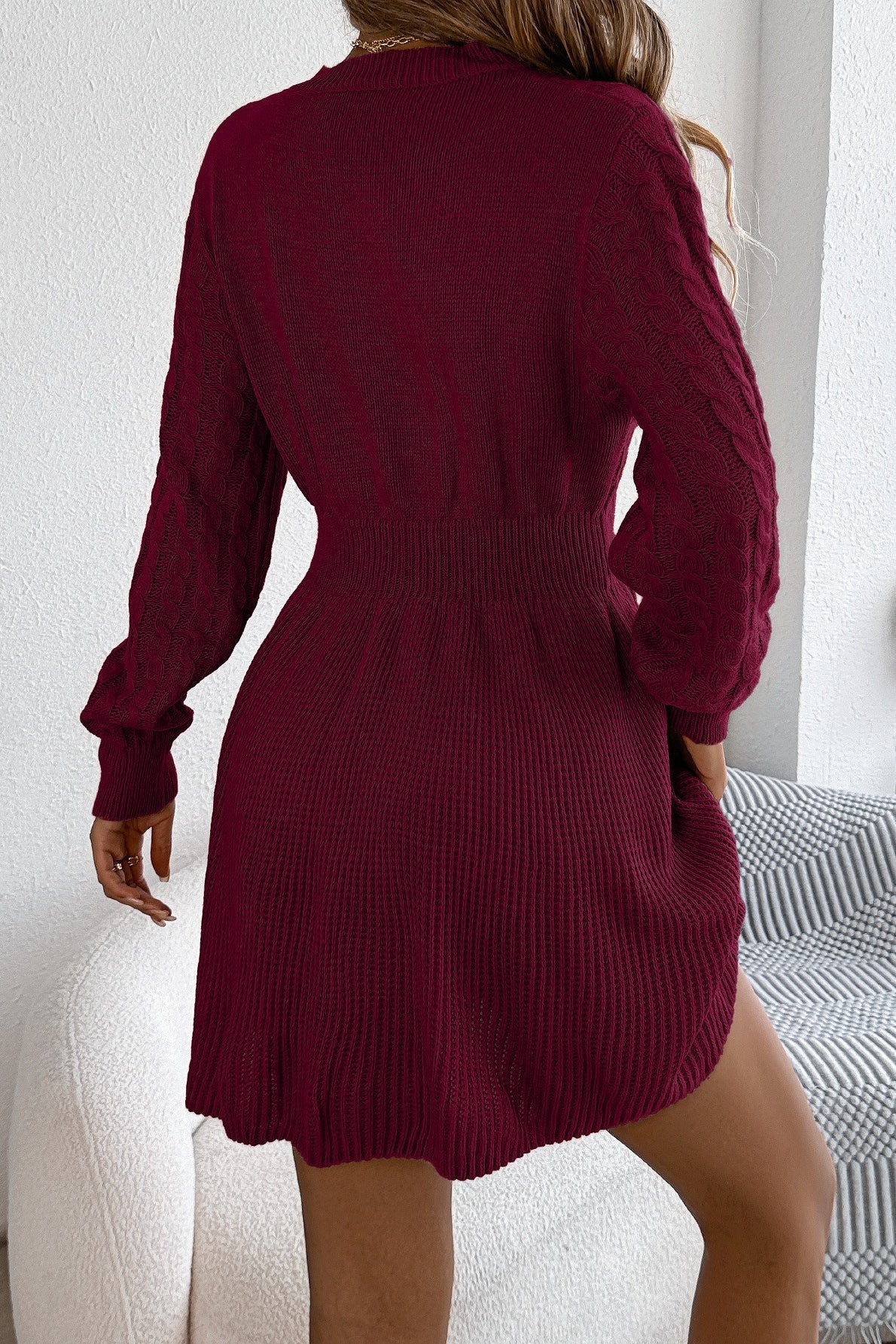 Solid Round Neck Chunk Cable Waisted Knit Mini Dress - Image 3