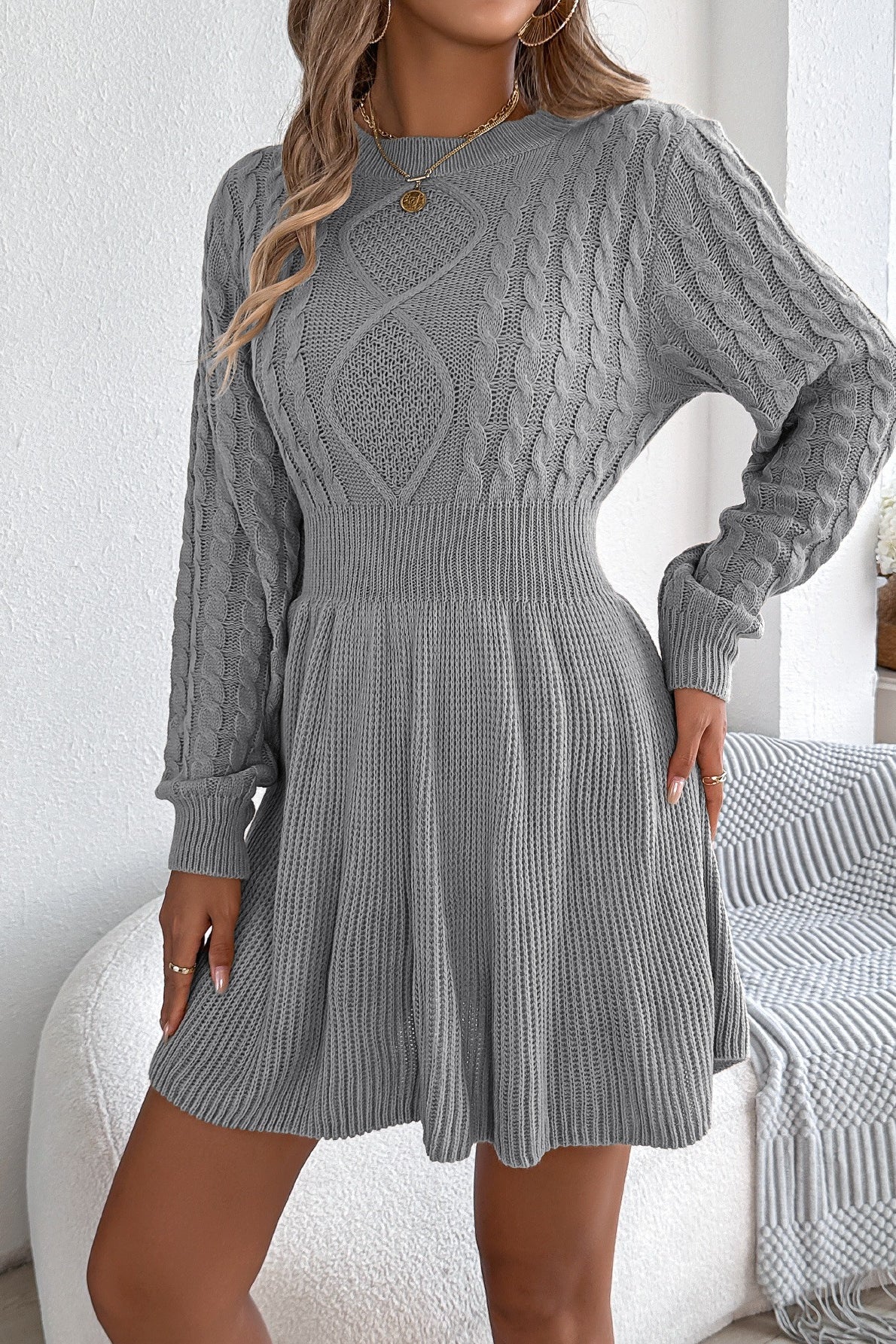 Solid Round Neck Chunk Cable Waisted Knit Mini Dress - Image 8