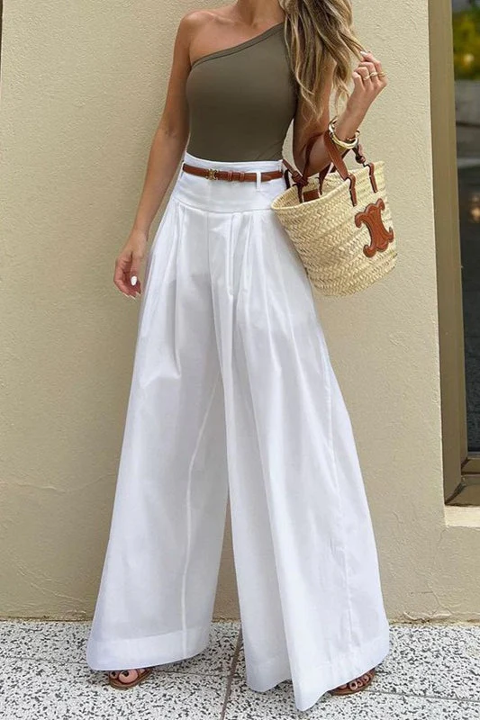Solid Ruched High-Waisted Wide-Leg Pants - Image 2
