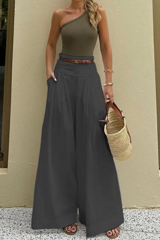 Solid Ruched High-Waisted Wide-Leg Pants - Image 6