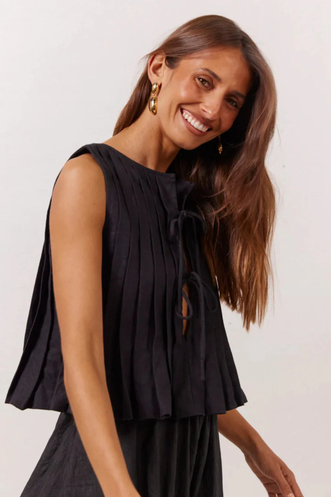Solid Ruffled Tie Linen Cotton Shirt Tank Top - Image 12