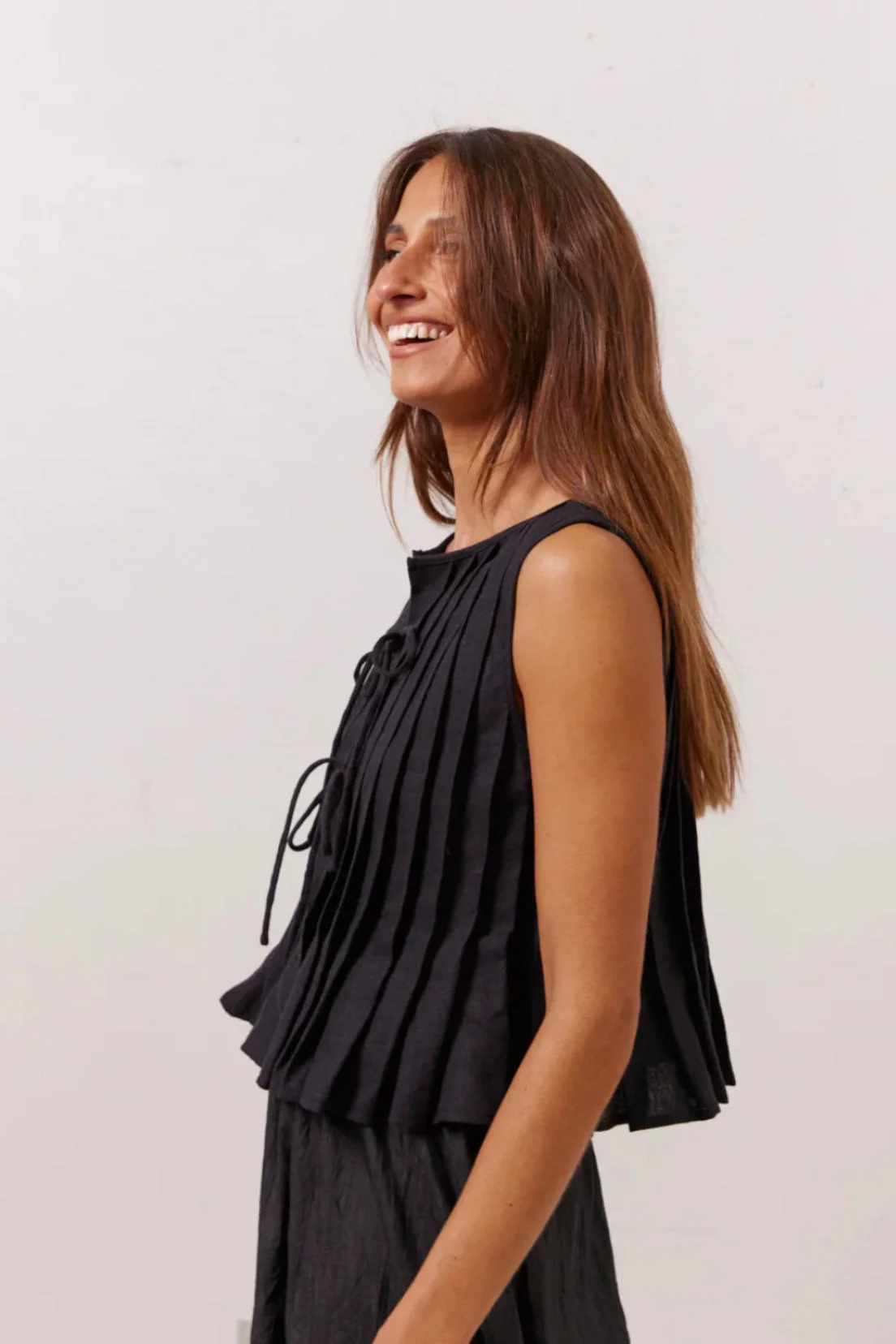 Solid Ruffled Tie Linen Cotton Shirt Tank Top - Image 13