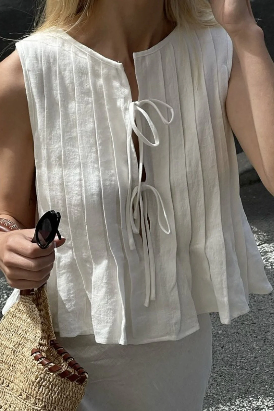 Solid Ruffled Tie Linen Cotton Shirt Tank Top - Image 2