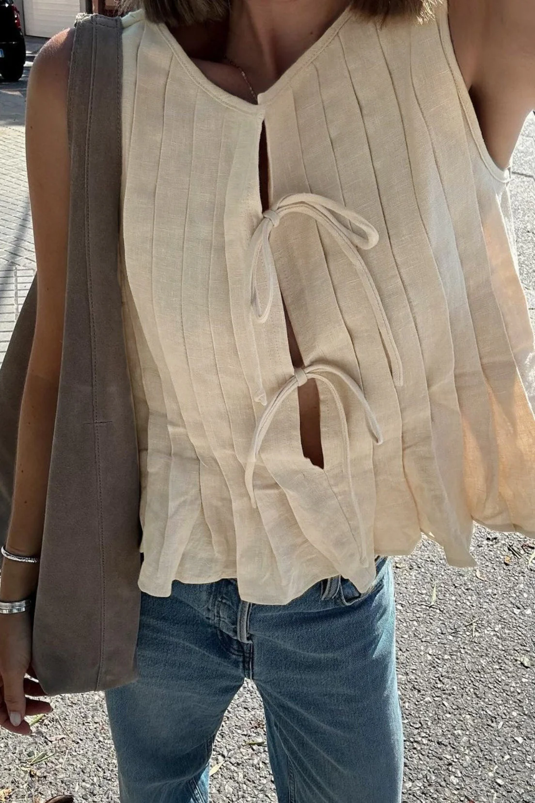 Solid Ruffled Tie Linen Cotton Shirt Tank Top - Image 7