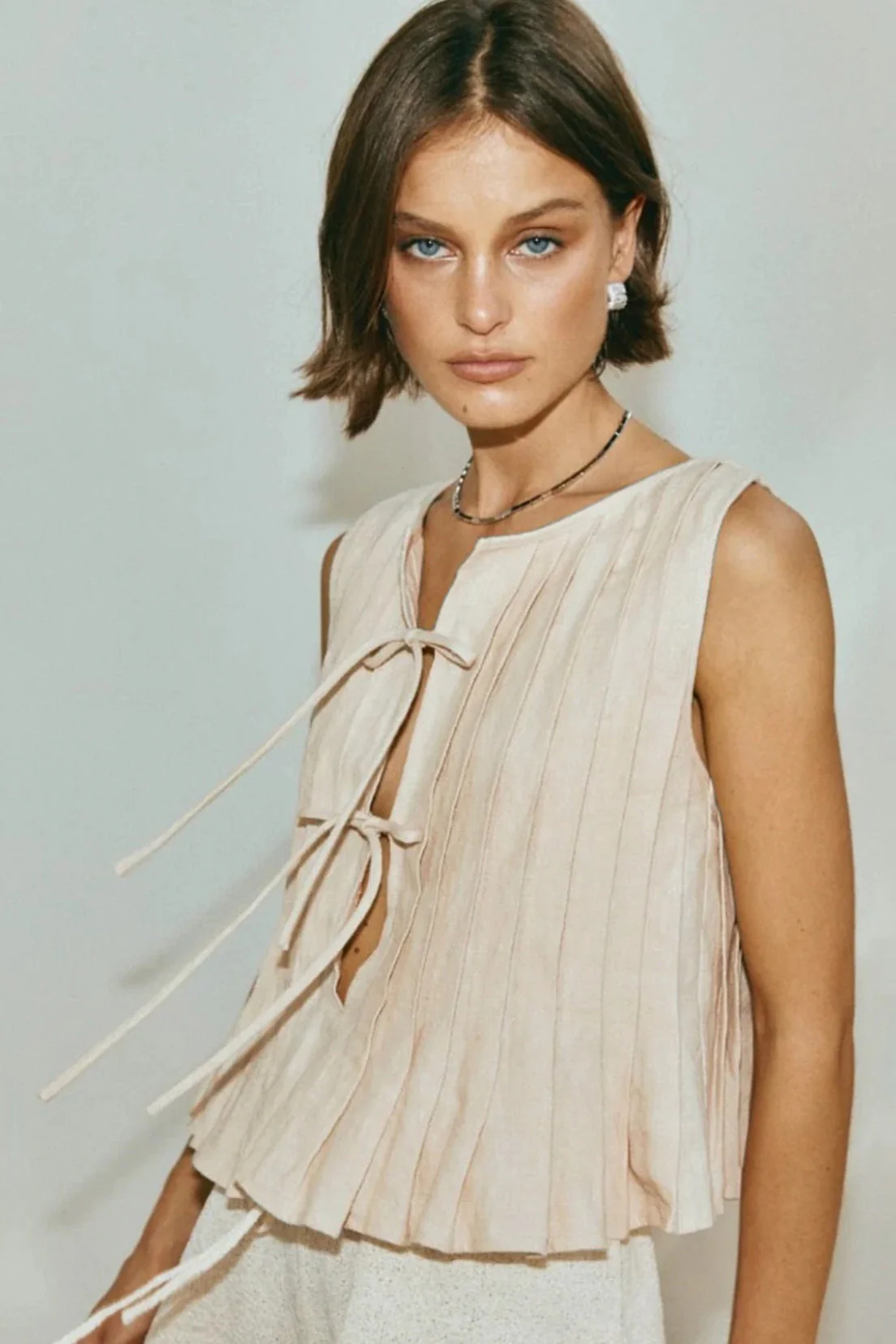 Solid Ruffled Tie Linen Cotton Shirt Tank Top - Image 9