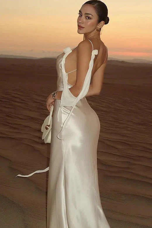 Solid Satin Floral Backless Elegant Maxi Dress - Image 2