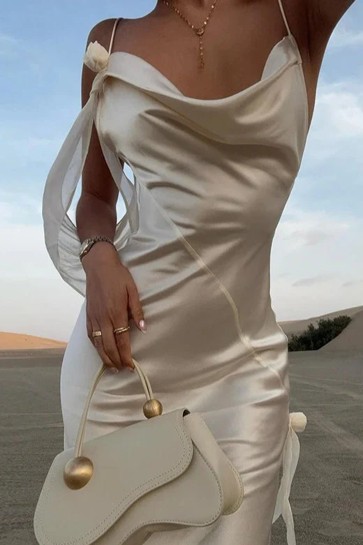 Solid Satin Floral Backless Elegant Maxi Dress - Image 4