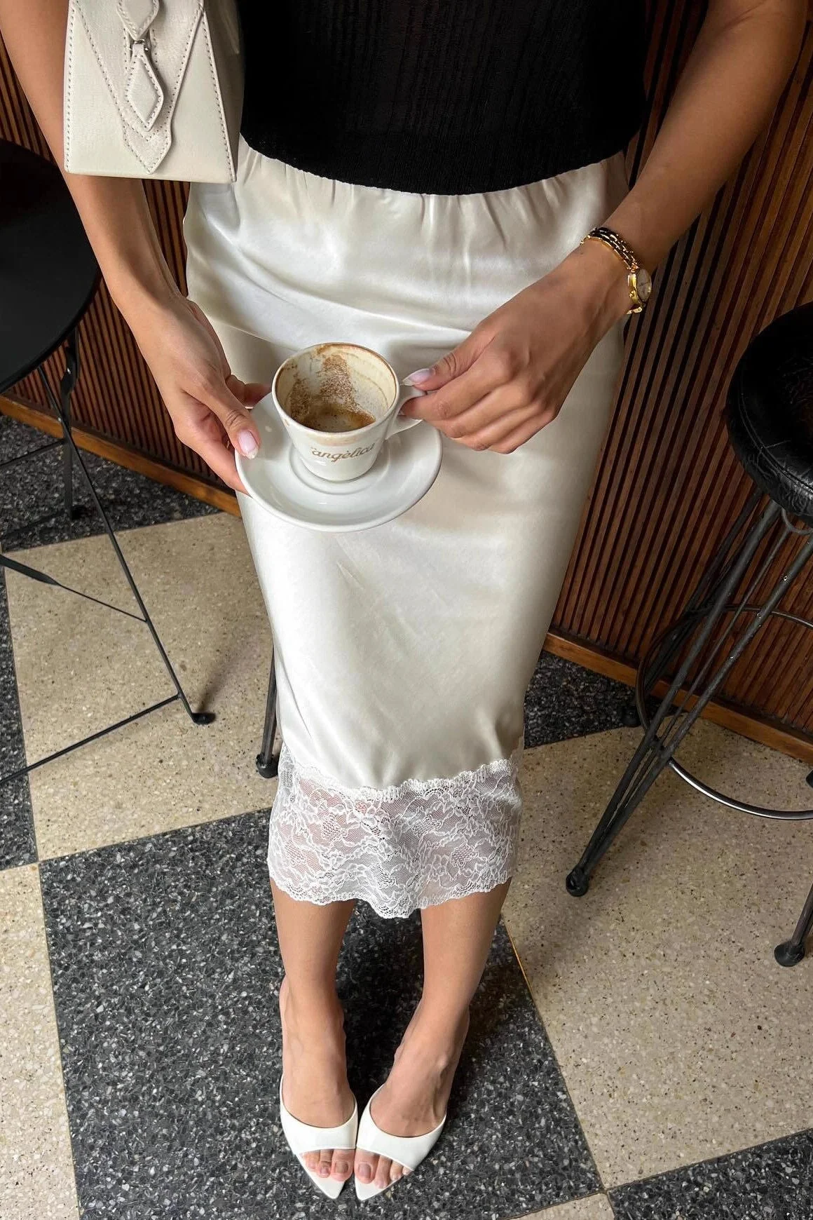Solid Satin Lace Trim Bodycon Skirt - Image 3