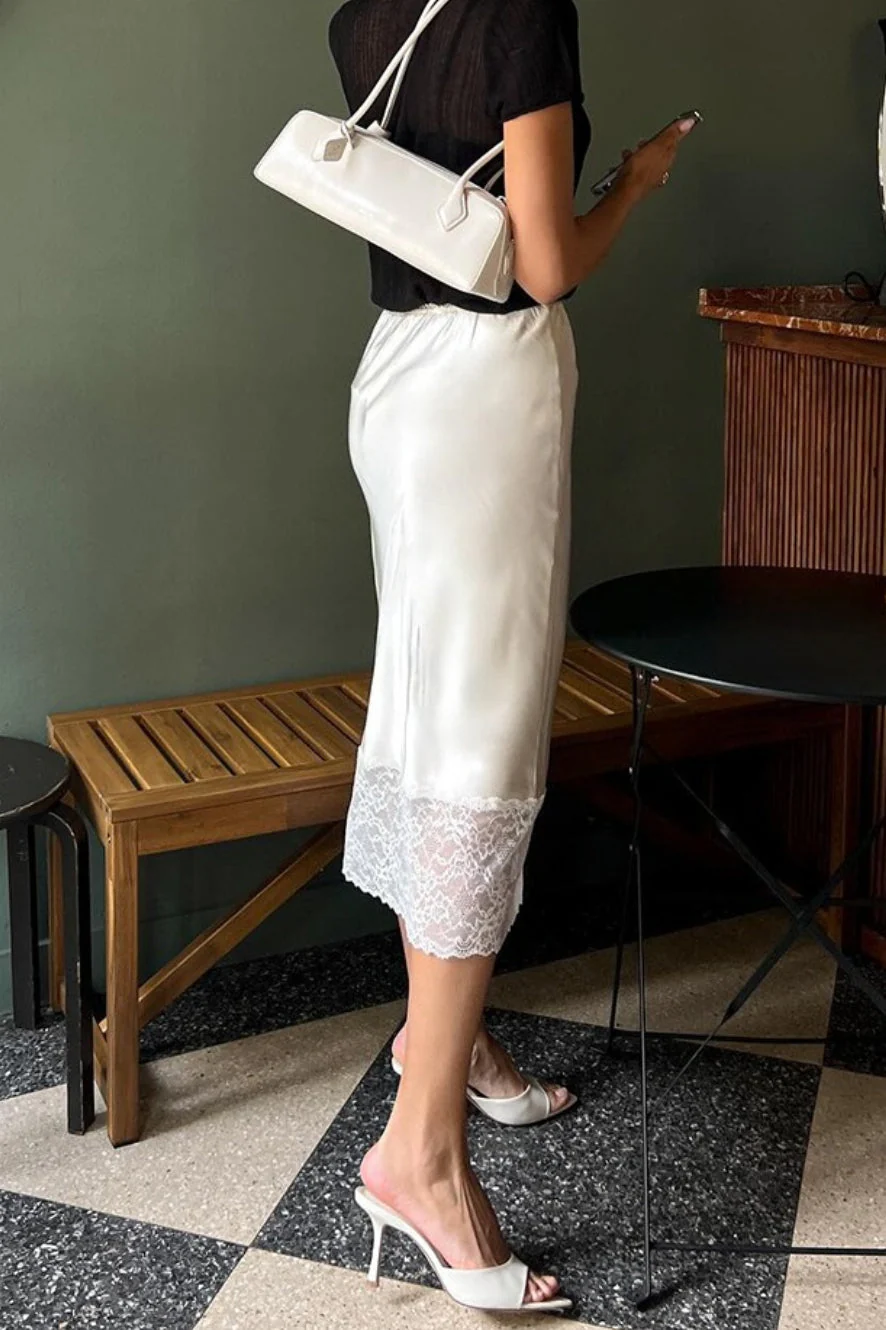 Solid Satin Lace Trim Bodycon Skirt - Image 4