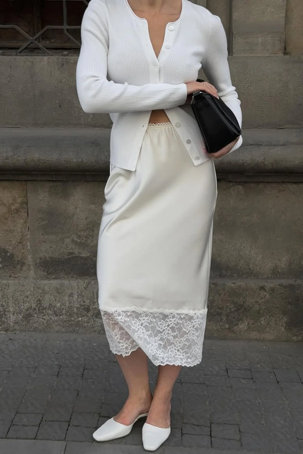 Solid Satin Lace Trim Bodycon Skirt - Image 5