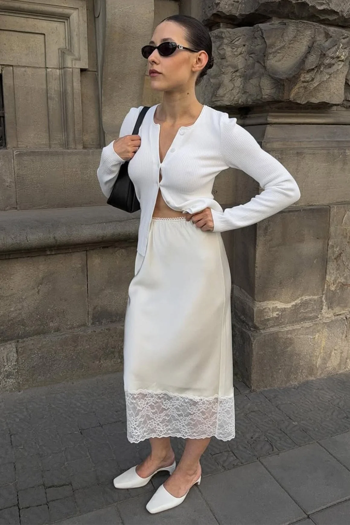 Solid Satin Lace Trim Bodycon Skirt - Image 6