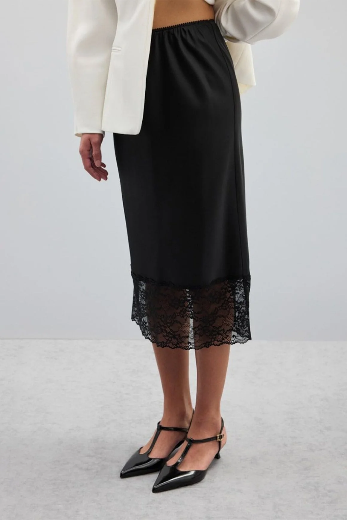 Solid Satin Lace Trim Bodycon Skirt - Image 7