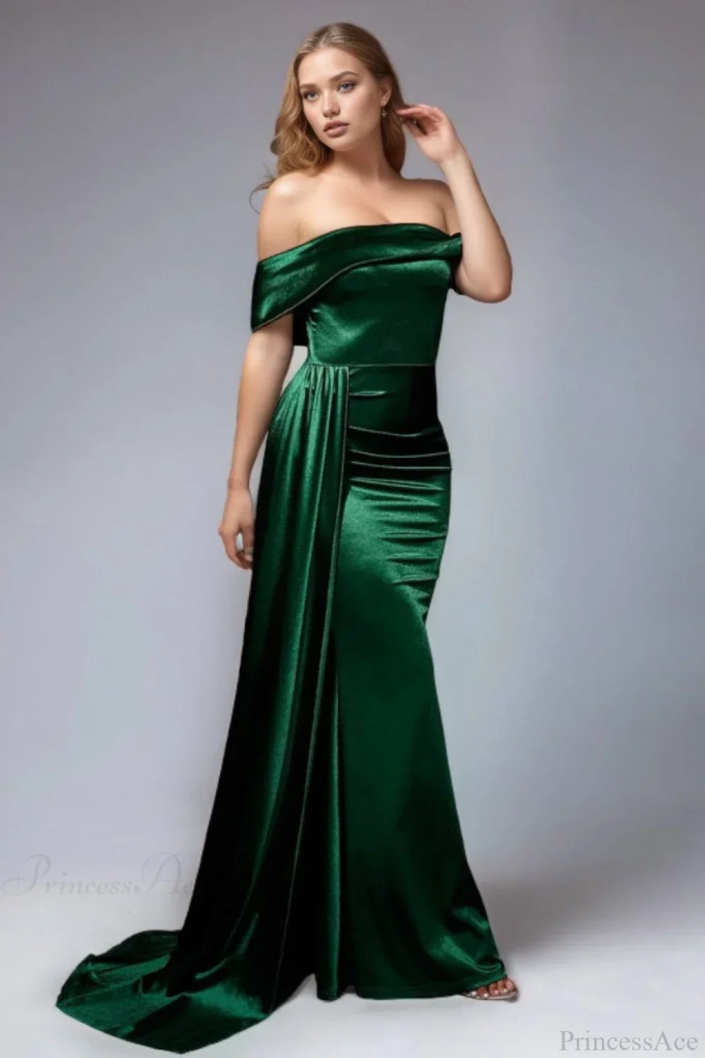 Solid Satin Off-the-Shoulder High Waist Mermaid Evening Dress - Image 11