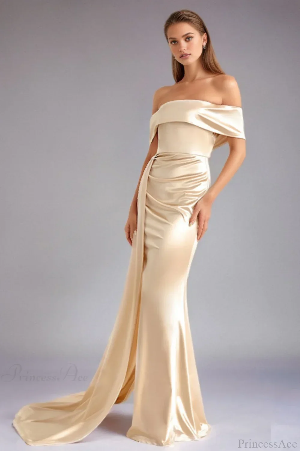 Solid Satin Off-the-Shoulder High Waist Mermaid Evening Dress - Image 2