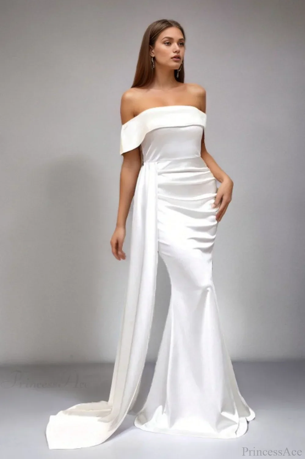 Solid Satin Off-the-Shoulder High Waist Mermaid Evening Dress - Image 3