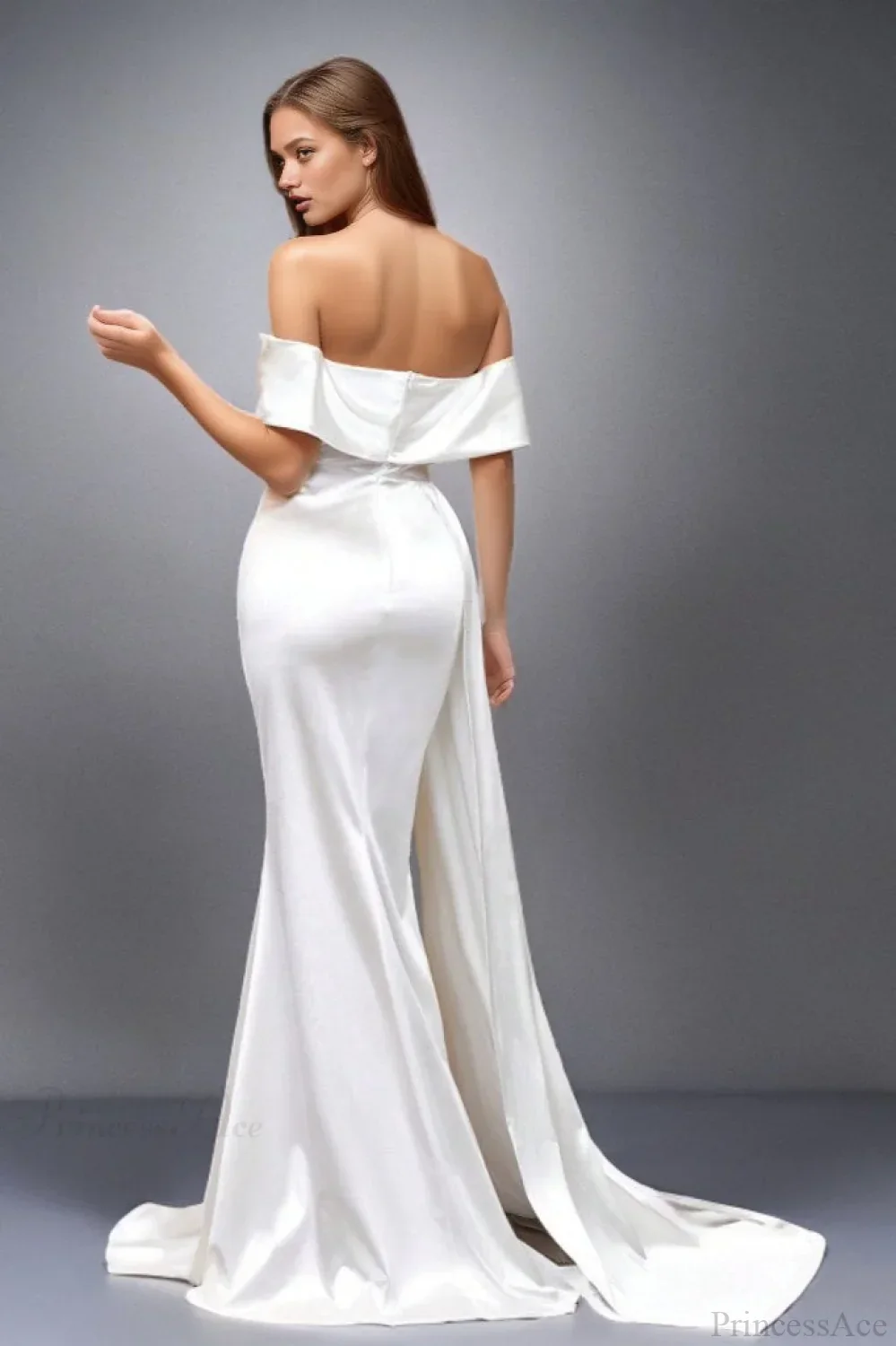 Solid Satin Off-the-Shoulder High Waist Mermaid Evening Dress - Image 4