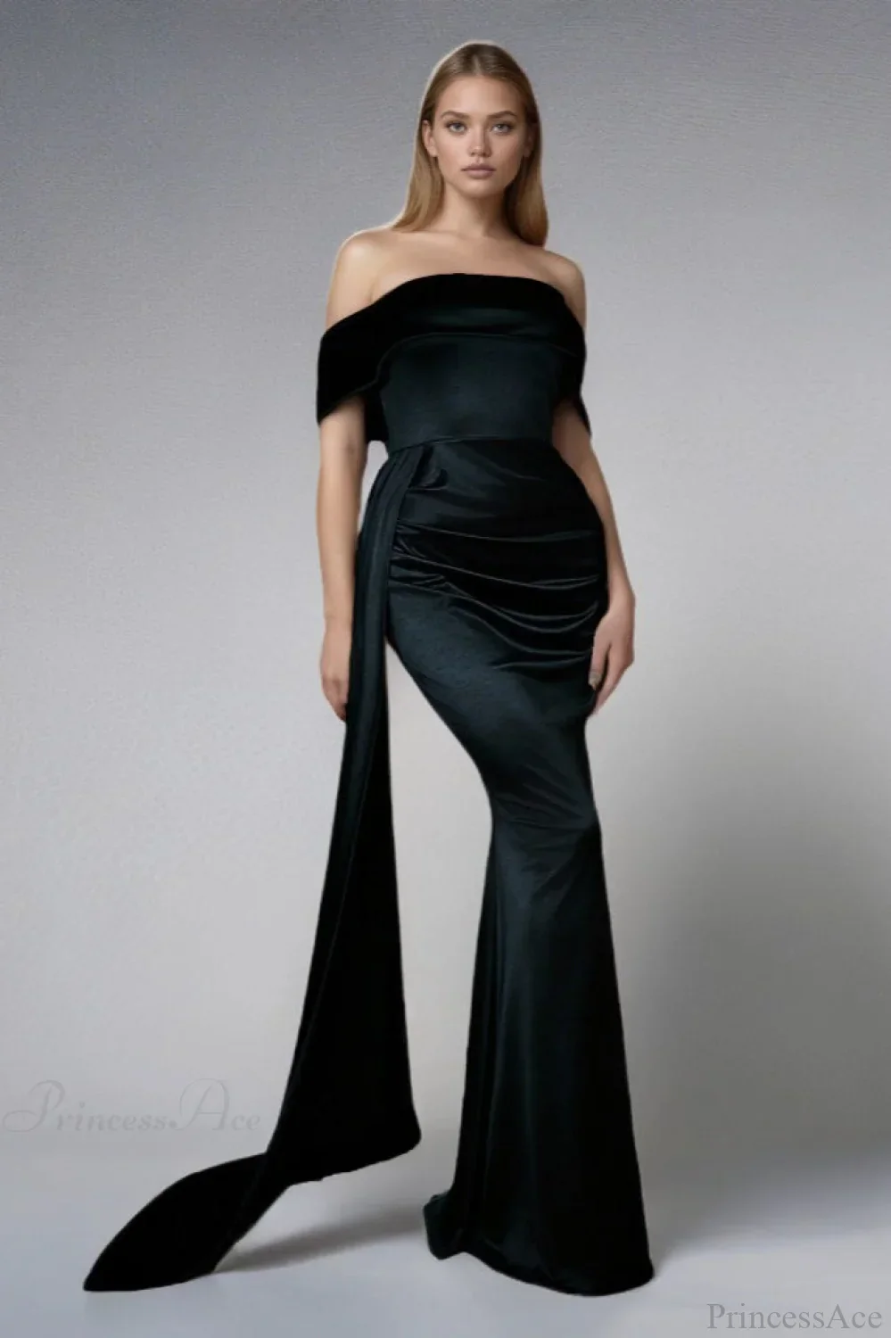 Solid Satin Off-the-Shoulder High Waist Mermaid Evening Dress - Image 5