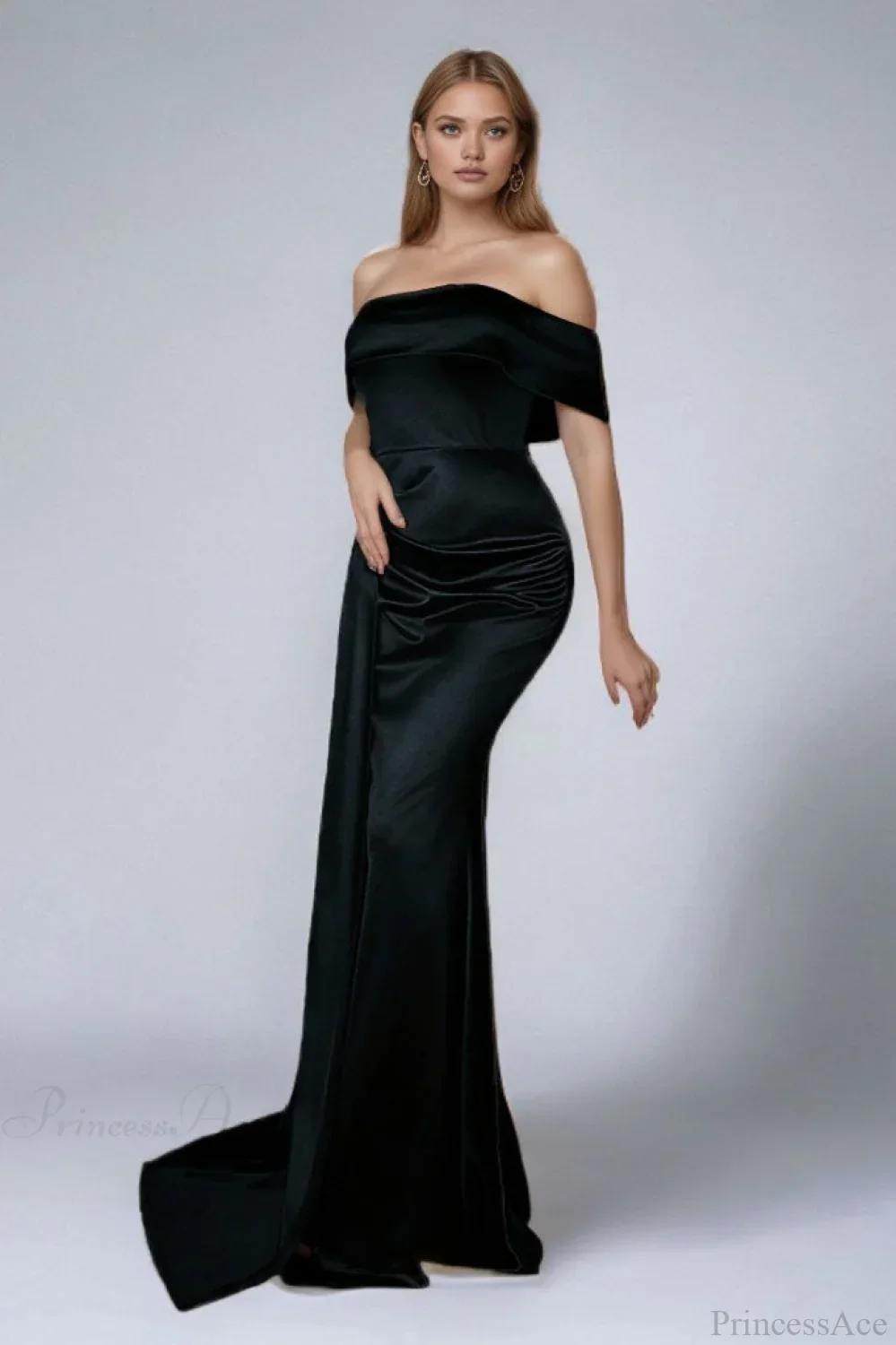 Solid Satin Off-the-Shoulder High Waist Mermaid Evening Dress - Image 6