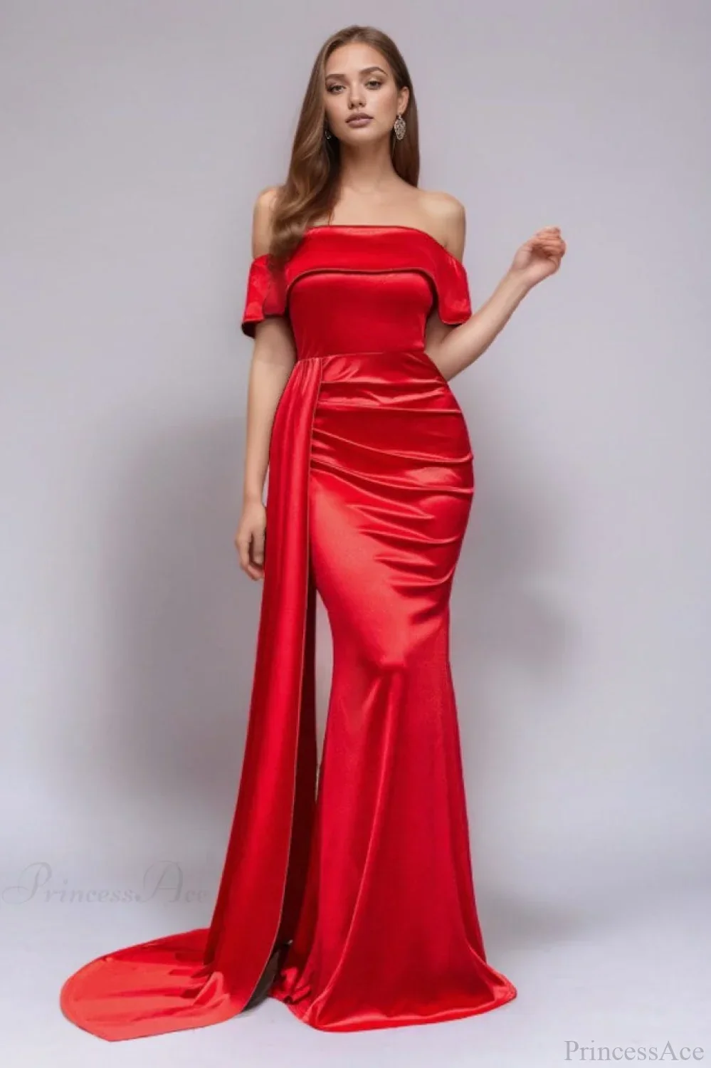 Solid Satin Off-the-Shoulder High Waist Mermaid Evening Dress - Image 8