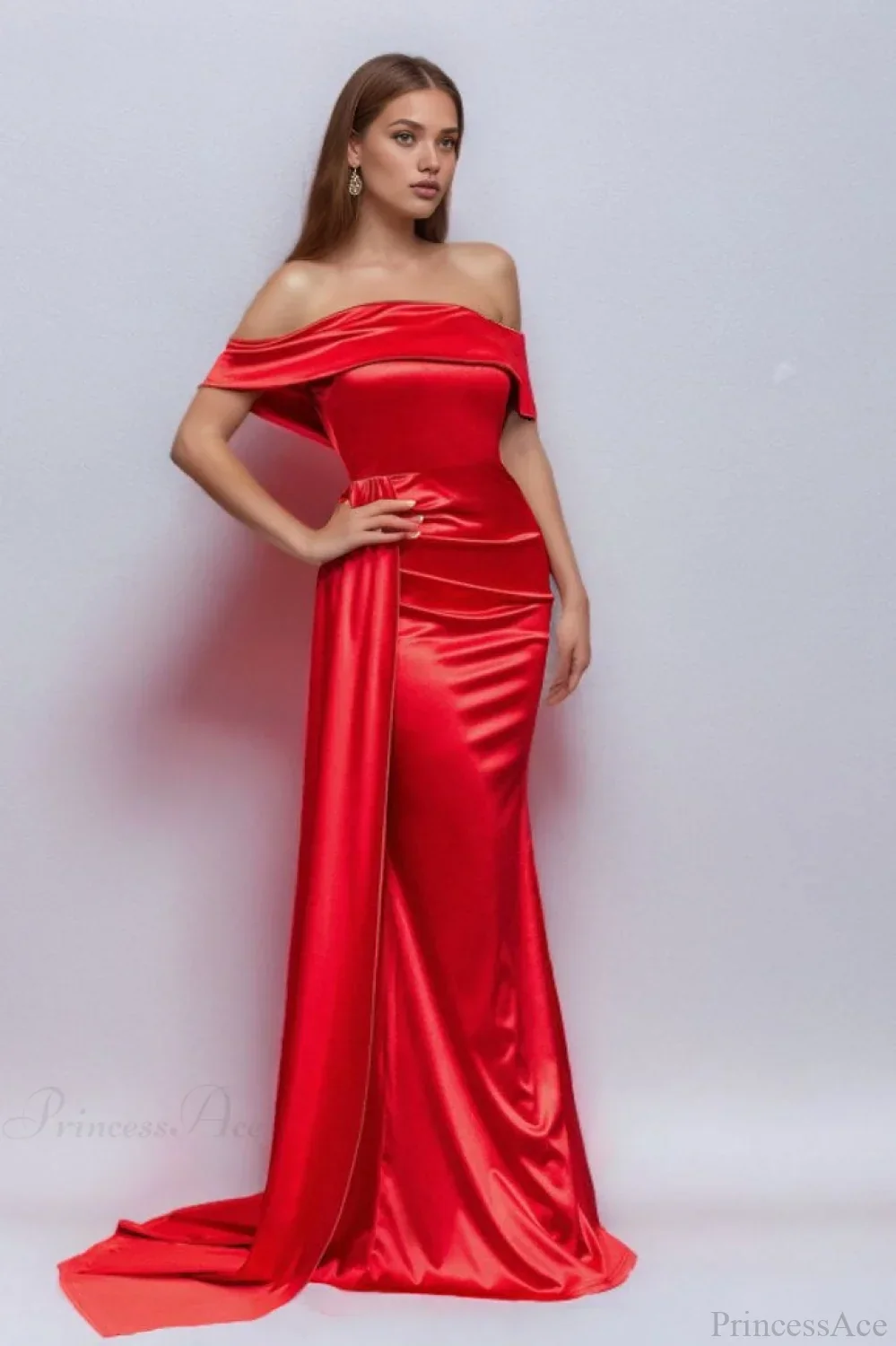 Solid Satin Off-the-Shoulder High Waist Mermaid Evening Dress - Image 9