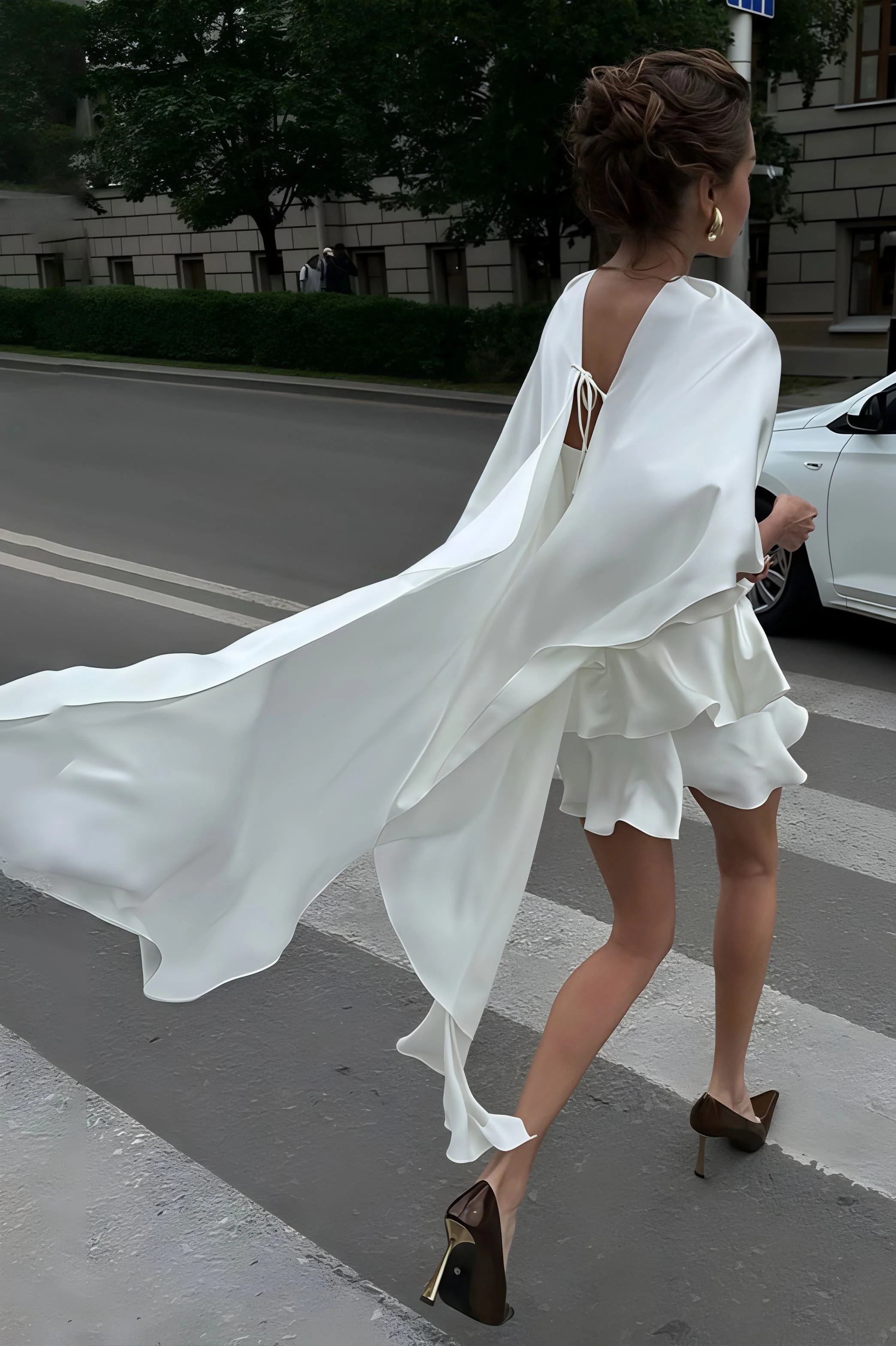 Solid Satin Shawl Cami Ruffle Mini Dress - Image 6