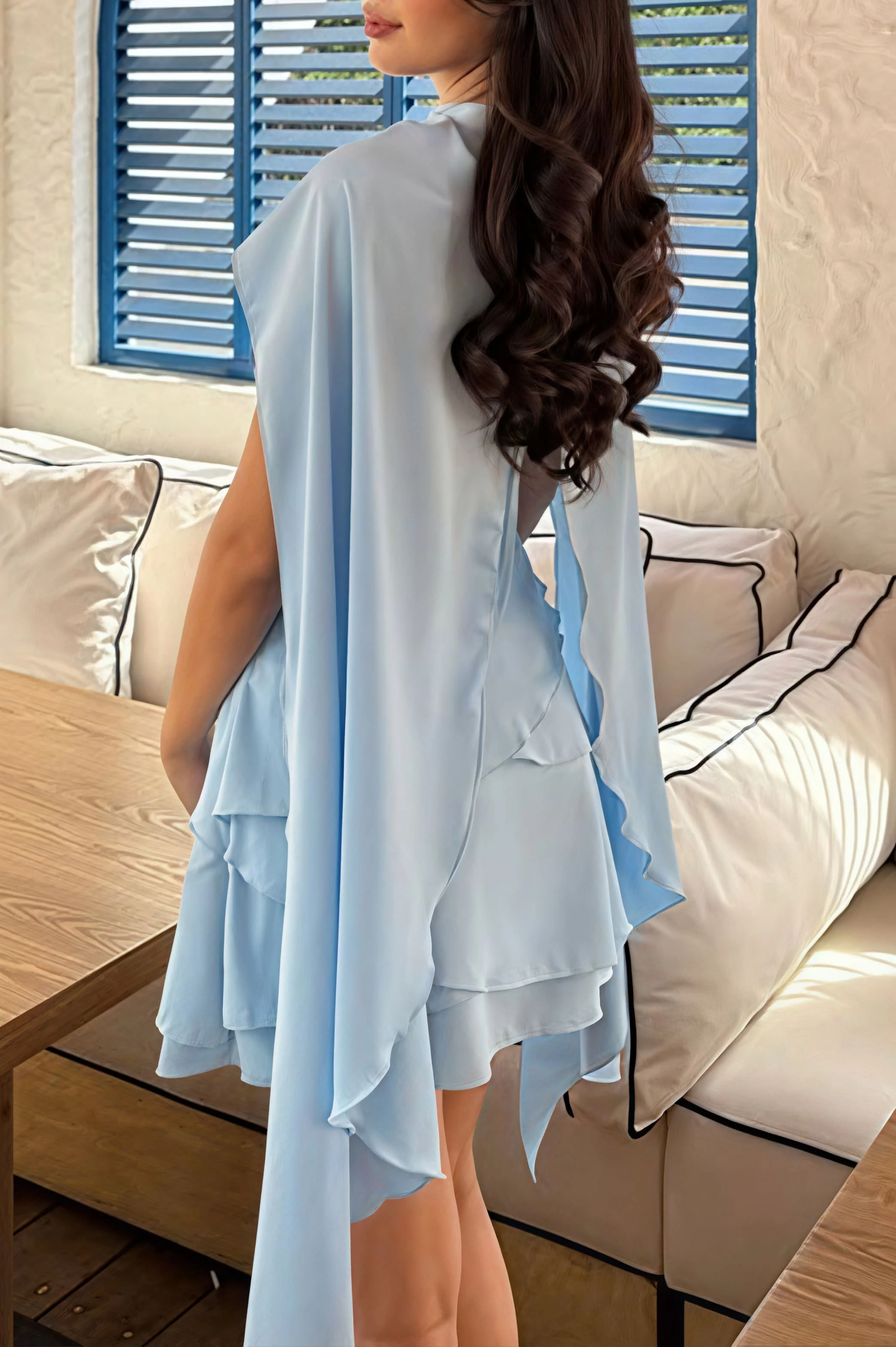 Solid Satin Shawl Cami Ruffle Mini Dress - Image 9