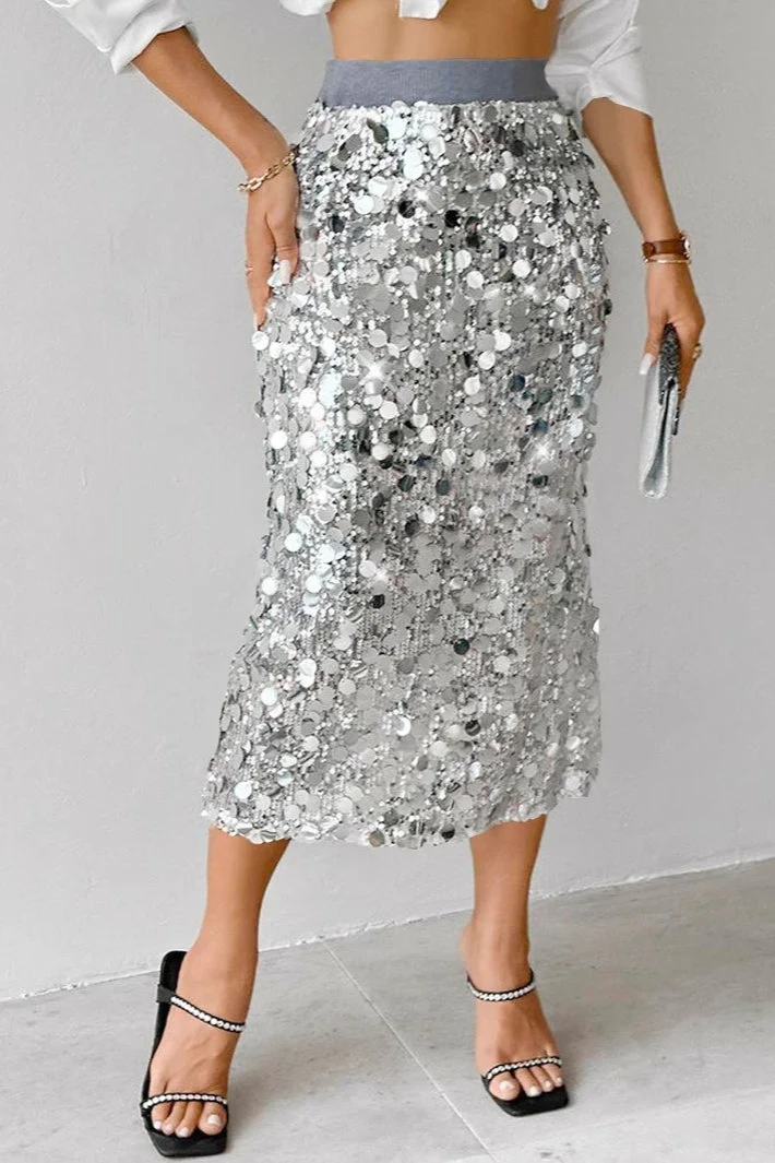 Solid Sequin High Waist Midi Skirt - Image 2