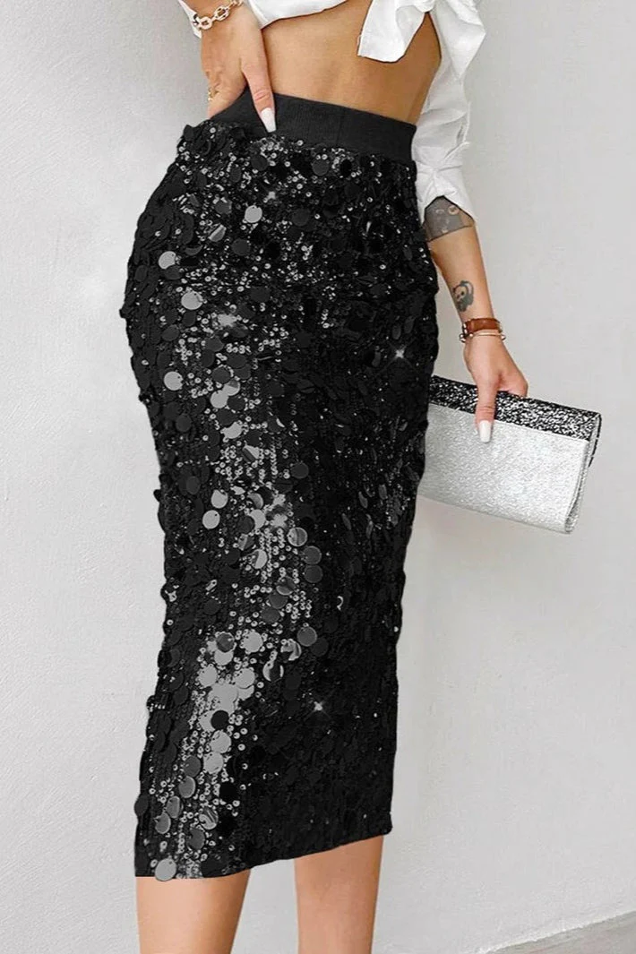 Solid Sequin High Waist Midi Skirt - Image 5