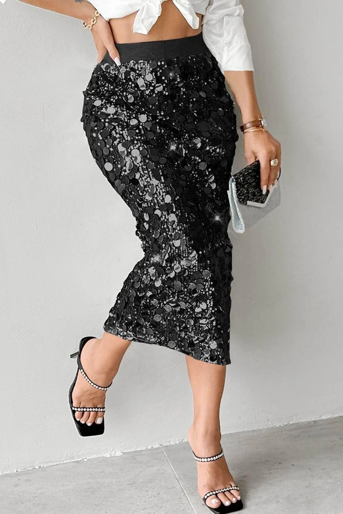 Solid Sequin High Waist Midi Skirt - Image 7