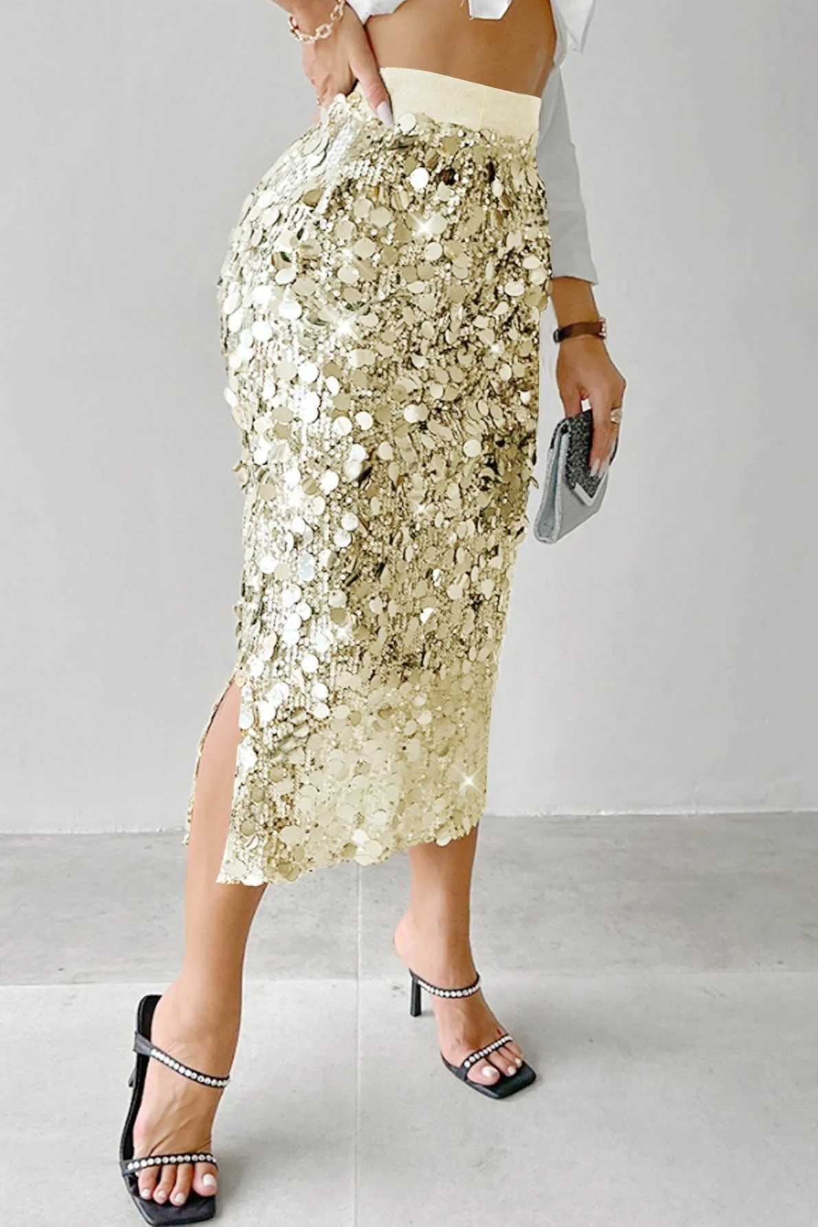 Solid Sequin High Waist Midi Skirt - Image 8