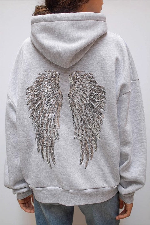 Solid Sequin Wing Graphic Relaxed Hoodie - Image 3