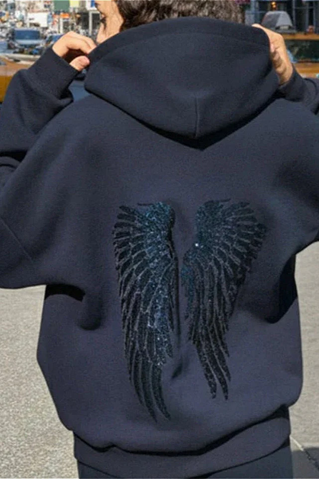 Solid Sequin Wing Graphic Relaxed Hoodie - Image 4