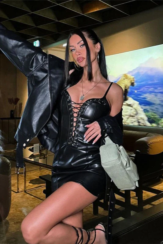 Solid Sexy Deep V Tie Leather Cami Mini Dress - Image 3