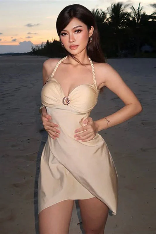 Solid Sexy Halter Bandeau Waist Cinched Mini Dress - Image 2