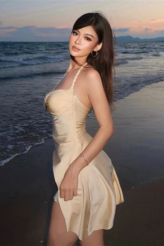 Solid Sexy Halter Bandeau Waist Cinched Mini Dress - Image 4