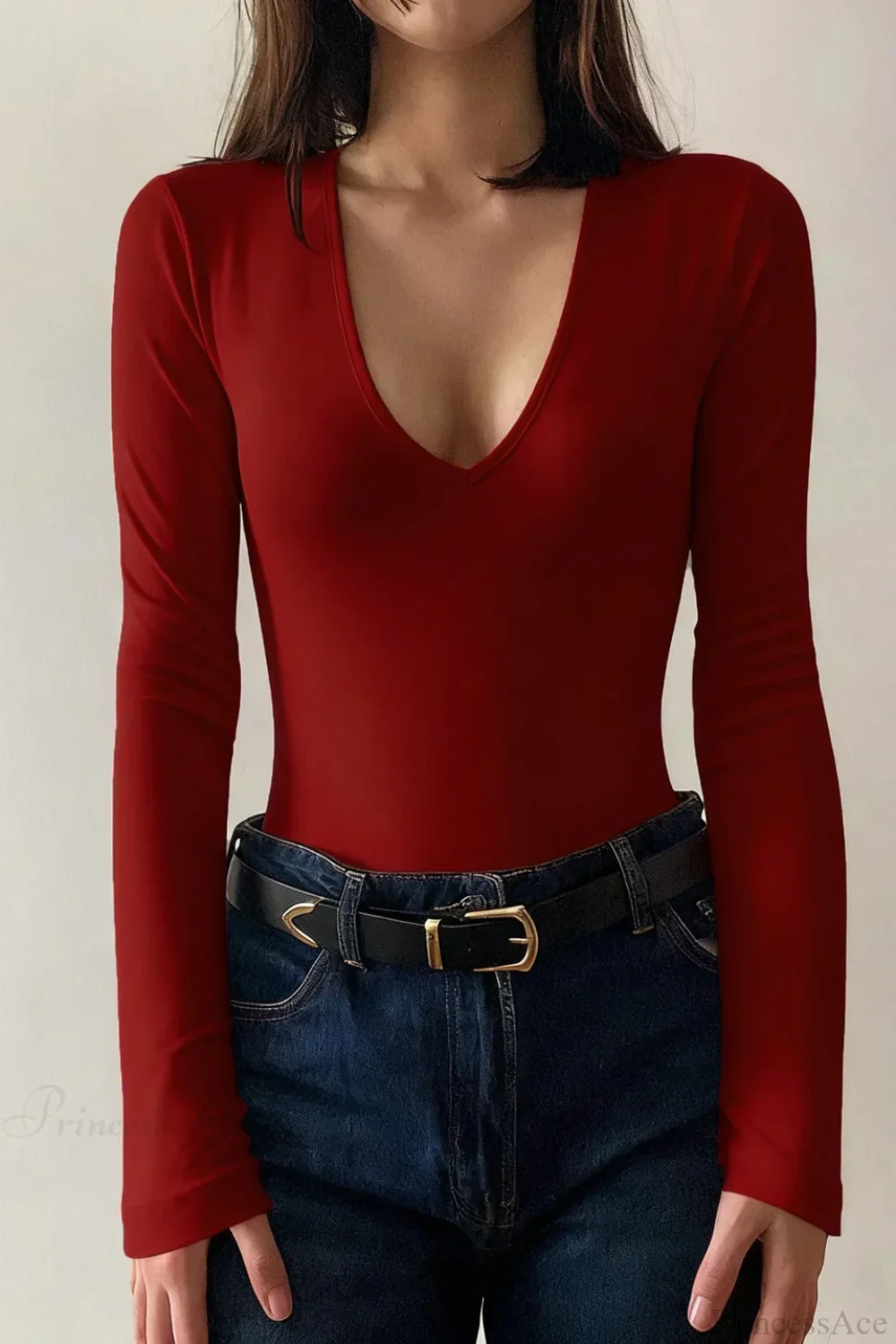 Solid Sexy V-Neck Slim Long Sleeve Tee - Image 2
