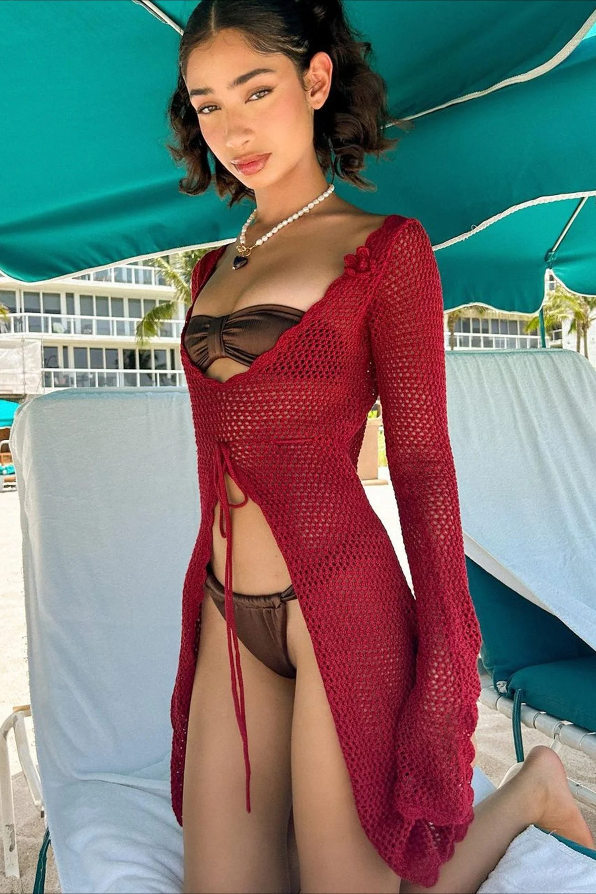 Solid Sexy V Neck Tie Knit Hollow Blouse - Image 2