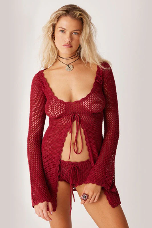 Solid Sexy V Neck Tie Knit Hollow Blouse - Image 3