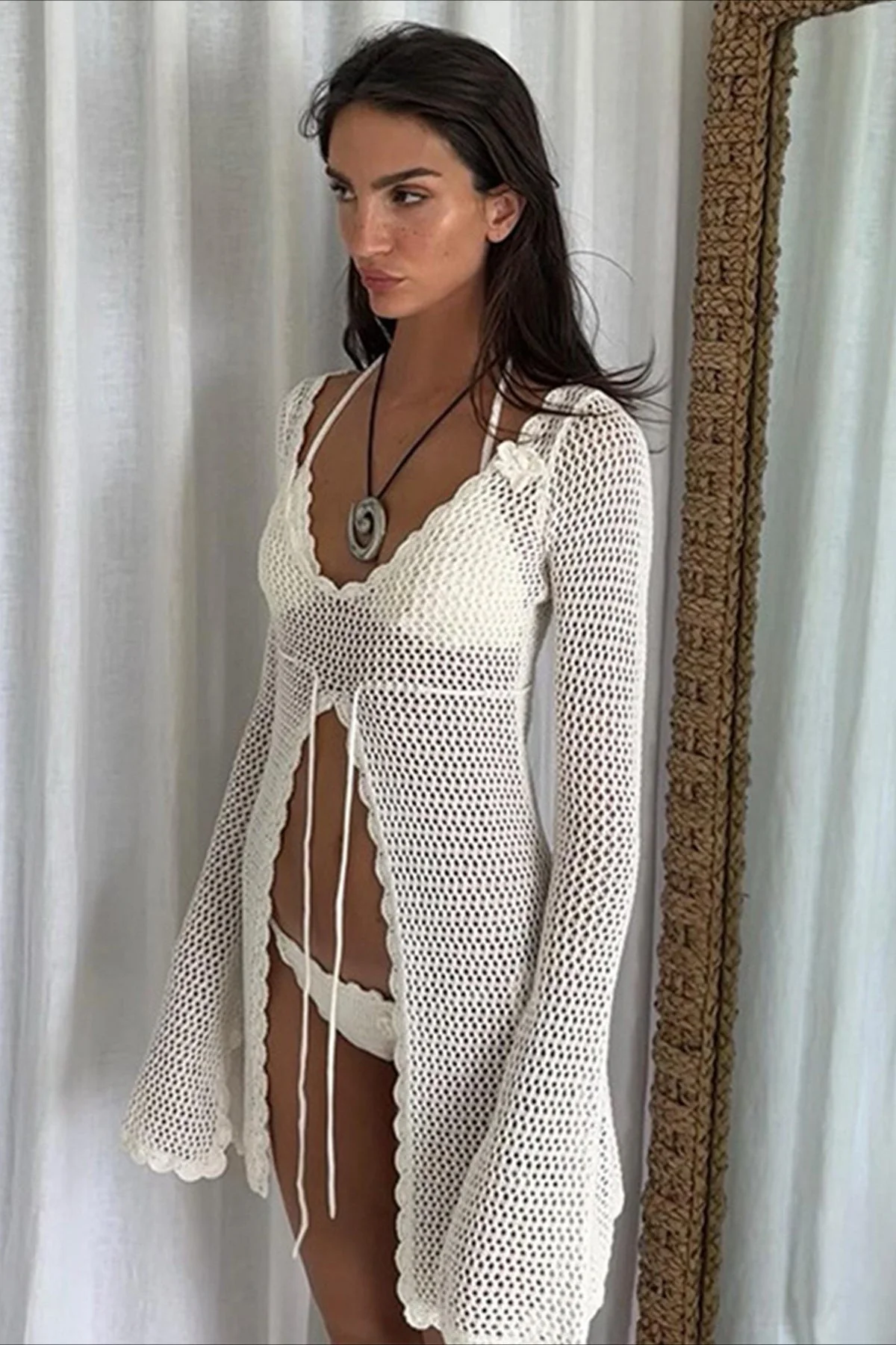 Solid Sexy V Neck Tie Knit Hollow Blouse - Image 6