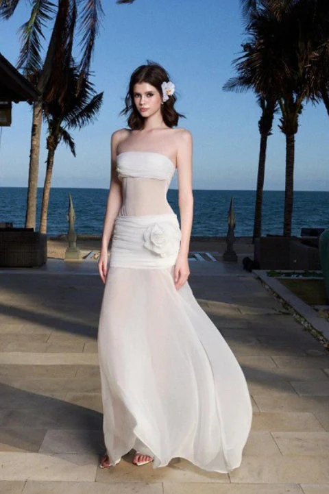 Solid Sheer Mesh Bandeau Maxi Dress - Image 3