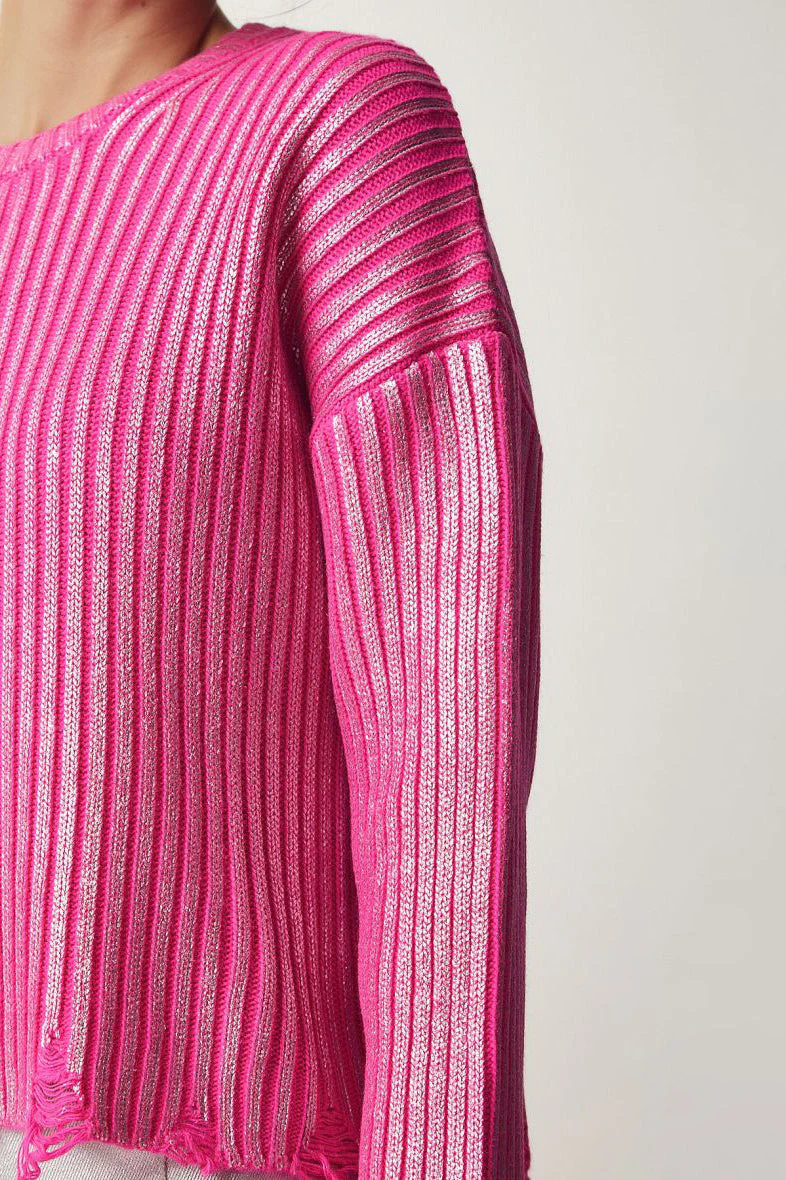Solid Simple Silver Foil Loose Slim Long Sleeve Sweater - Image 2