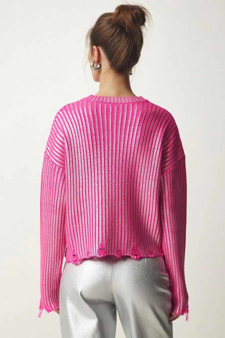 Solid Simple Silver Foil Loose Slim Long Sleeve Sweater - Image 3