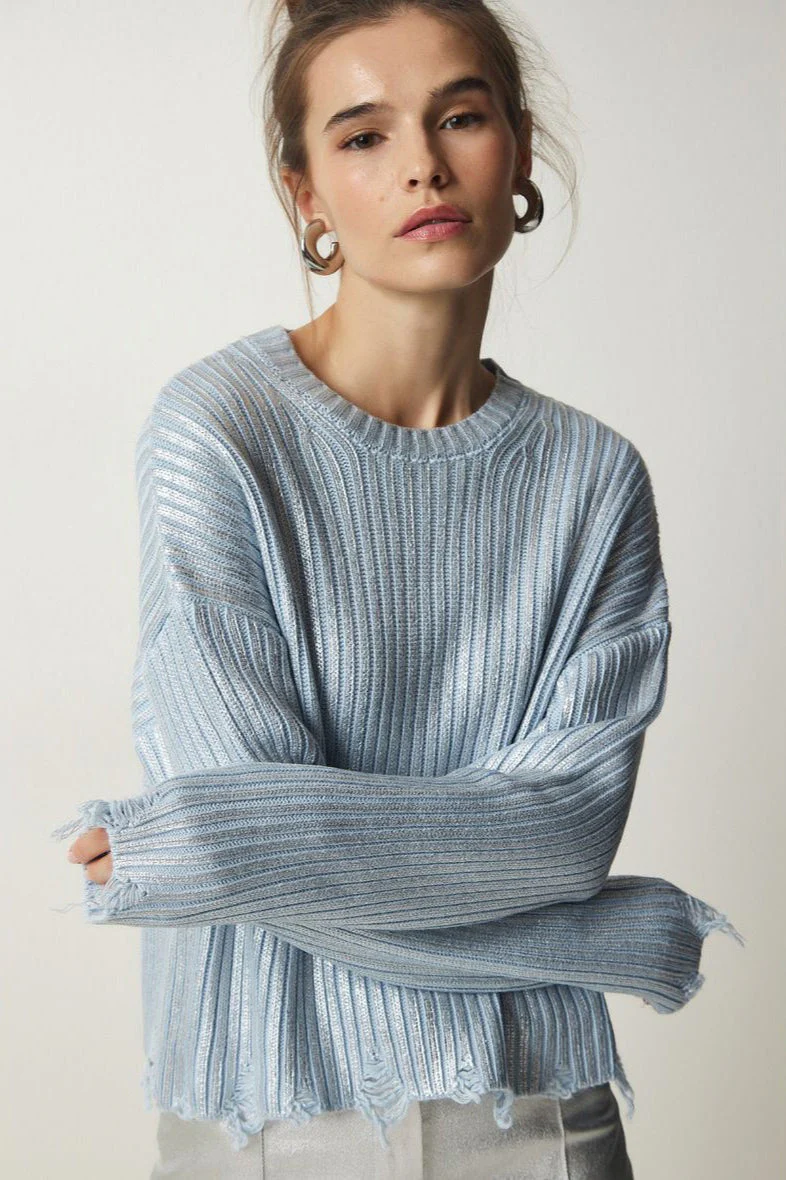 Solid Simple Silver Foil Loose Slim Long Sleeve Sweater - Image 4