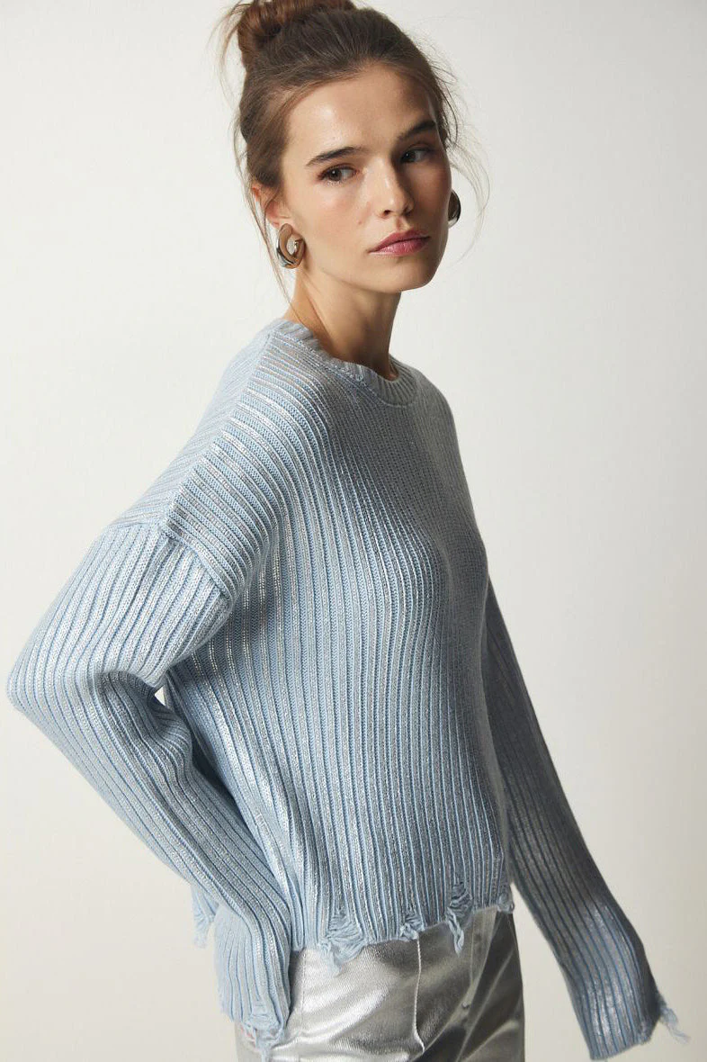 Solid Simple Silver Foil Loose Slim Long Sleeve Sweater - Image 5