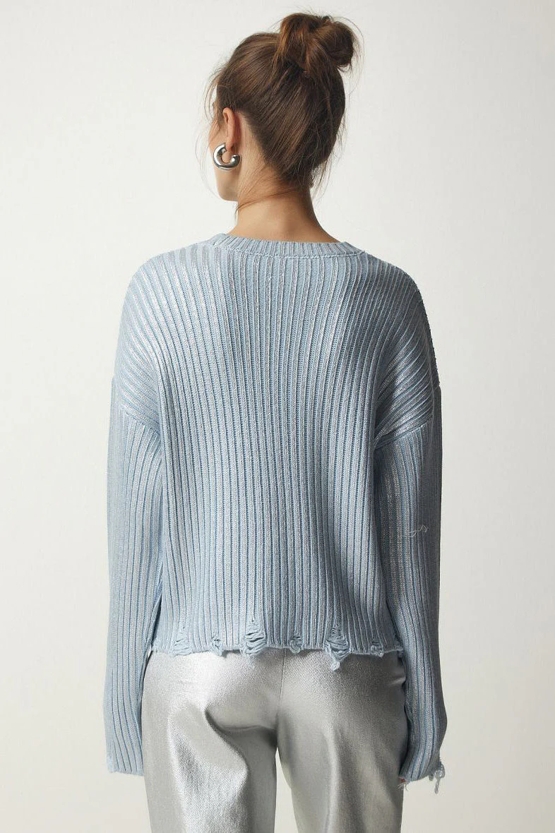 Solid Simple Silver Foil Loose Slim Long Sleeve Sweater - Image 6