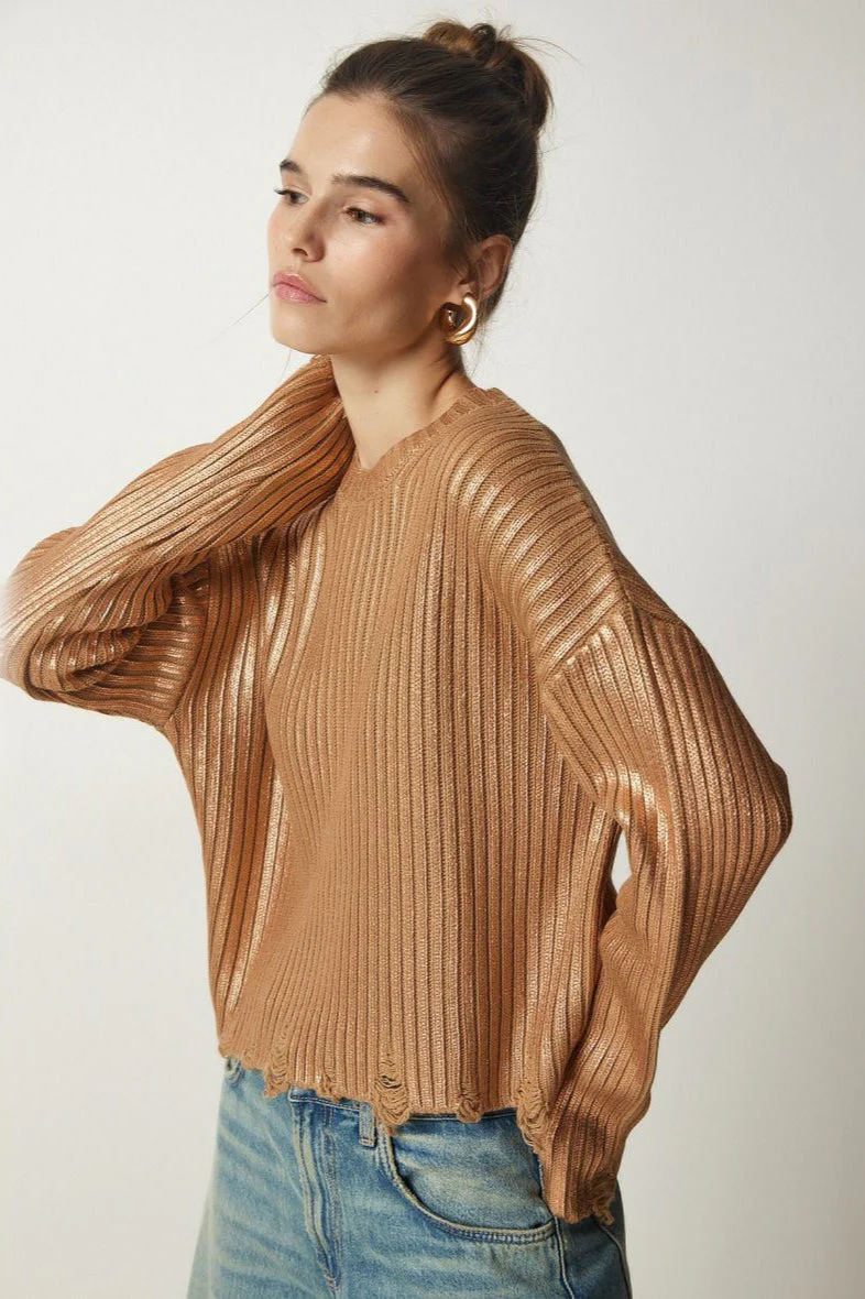 Solid Simple Silver Foil Loose Slim Long Sleeve Sweater - Image 7