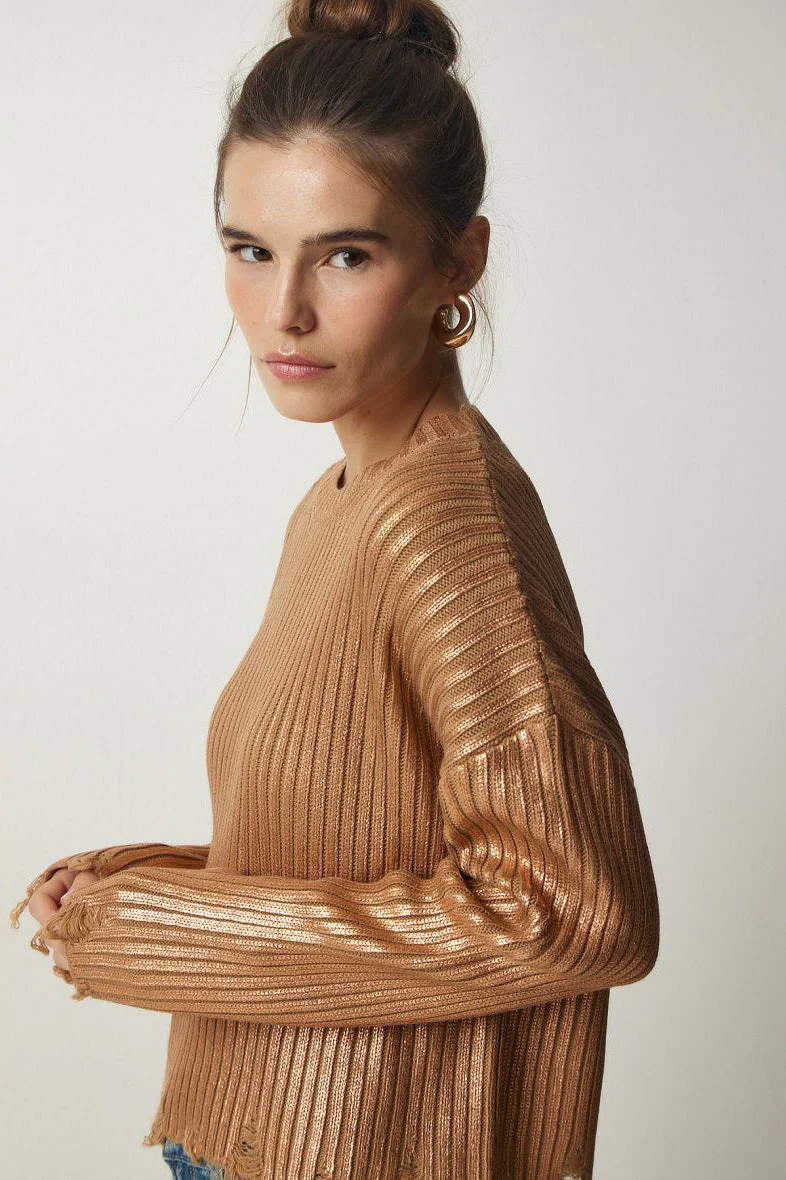 Solid Simple Silver Foil Loose Slim Long Sleeve Sweater - Image 8