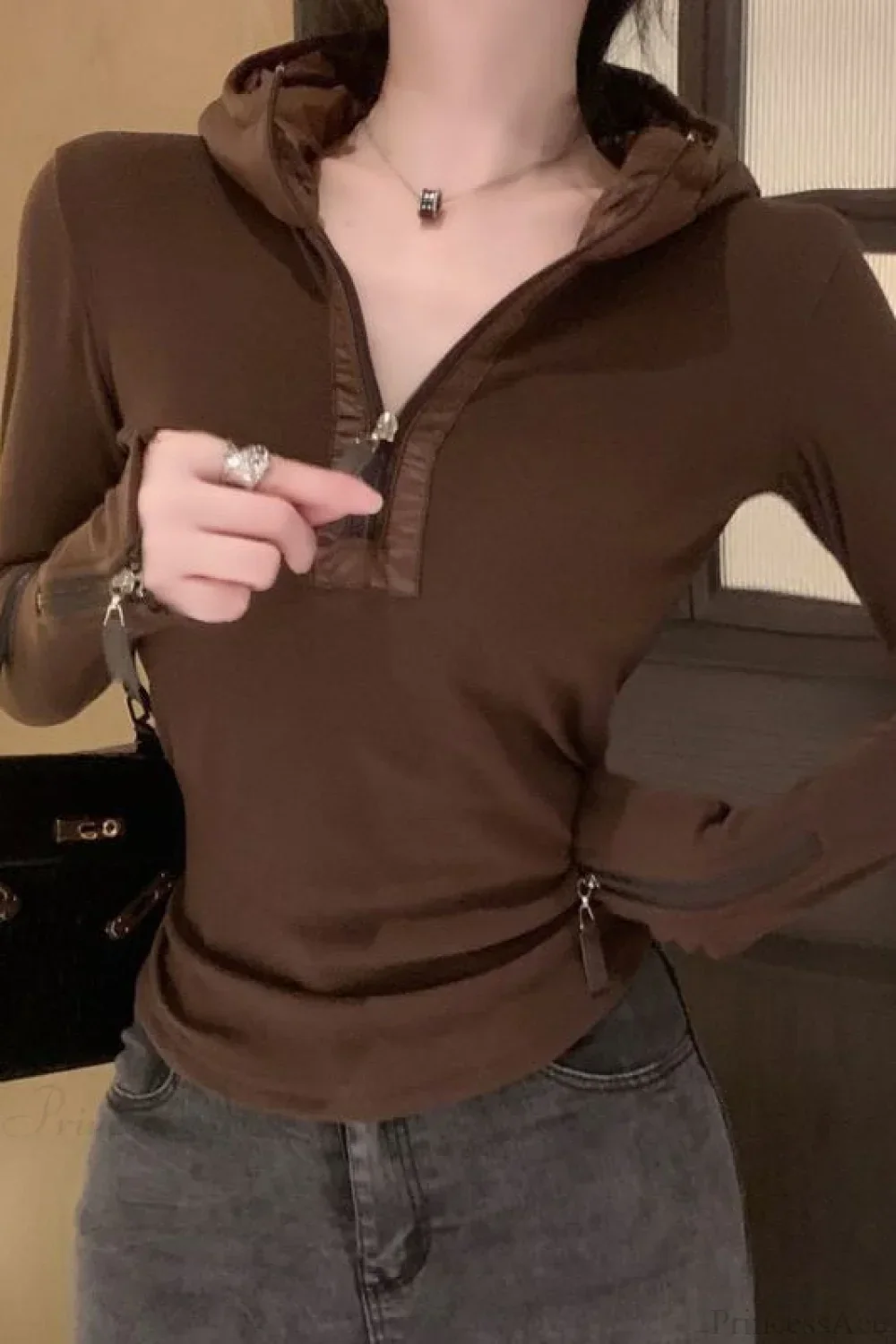 Solid Slim Half-Zip Hooded Long Sleeve Tee - Image 2
