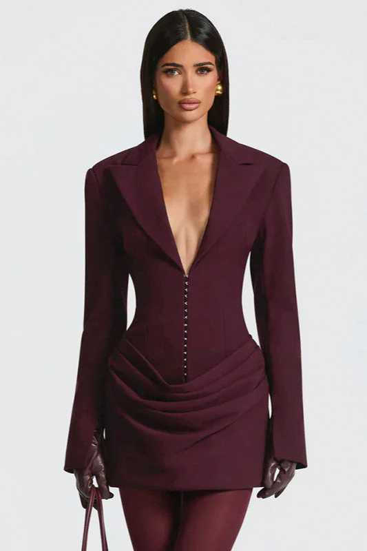 Solid Tailored Deep V Neck Slim Waist Mini Dress