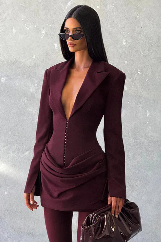 Solid Tailored Deep V Neck Slim Waist Mini Dress - Image 3